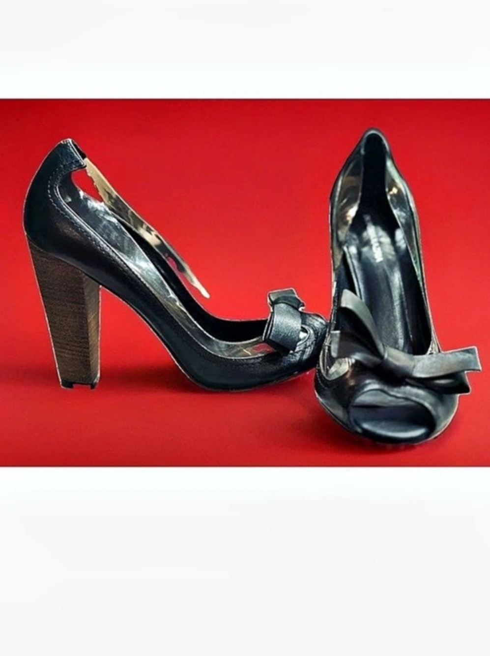 BCBGMAXAZRIA Leather Clear Bow Peep Toe Pump Block Wood Heel Size 9B 39 Black